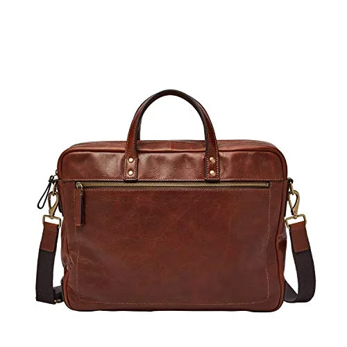 Briefcase with transparent flaps-Fossil Men's Haskel Leather Double Zip Briefcase Messenger Laptop Bag, Cognac