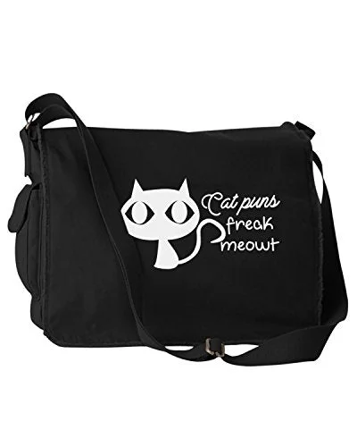 Messenger bag for budget vacations-Funny Cat Puns Freak Meowt Pun Black Canvas Messenger Bag