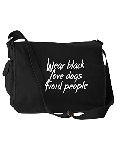 Messenger bag with extra storage-Funny Wear Black Love Dogs Avoid People Black Canvas Messenger Bag