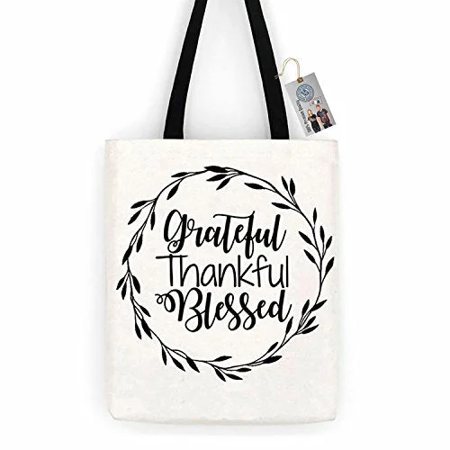 Grateful Thankful Blessed Thanksgiving Cotton Canvas Tote Bag Day Trip Bag Carry All