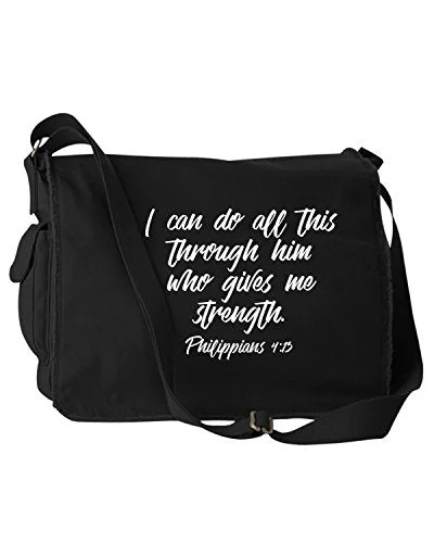 Messenger bag for daily carry-I Can Do All This Through Him Philippians 4:13 Bible Quote Phrase Black Canvas Messenger Bag