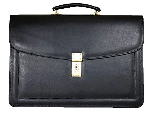 Briefcase with snow kits-Jack Georges Belting Triple Gusset Leather Briefcase W/Combination Lock In Black