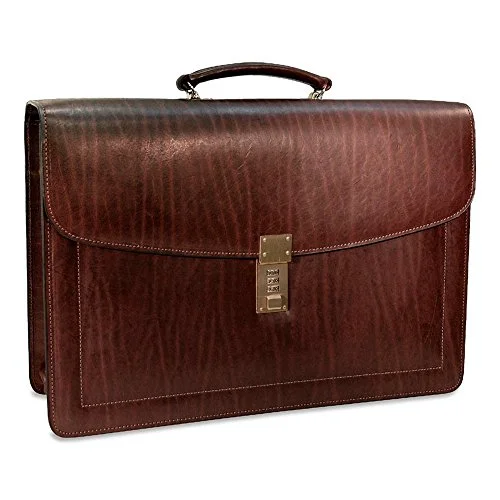 Briefcase with woven textures-Jack Georges [Personalized Initials Embossing] Belting Triple Gusset Leather Briefcase w/Combination Lock in Brown