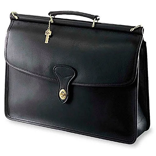 Briefcase with stretch straps-Jack Georges Unisex [Personalized Initials Embossing] University Single Gusset Flap Over Leather Briefcase in Black