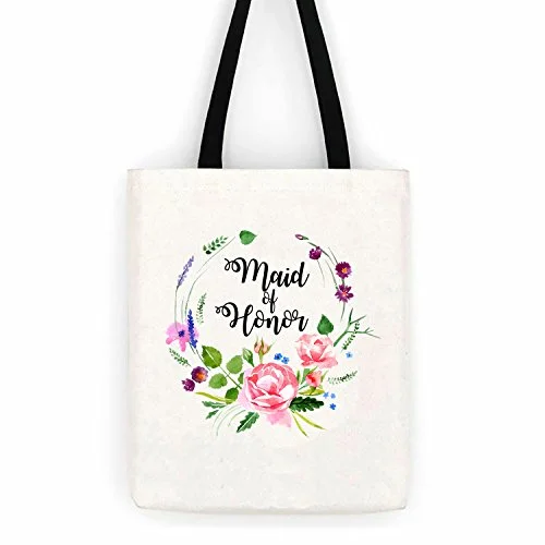 Maid Of Honor Floral Wedding Cotton Canvas Tote Bag School Day Trip Bag