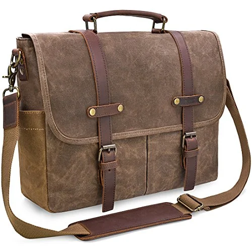 Briefcase with conference needs-Mens Messenger Bag 15.6 Inch Waterproof Vintage Genuine Leather Waxed Canvas Briefcase Large Satchel Shoulder Bag Rugged Leather Computer Laptop Bag, Brown