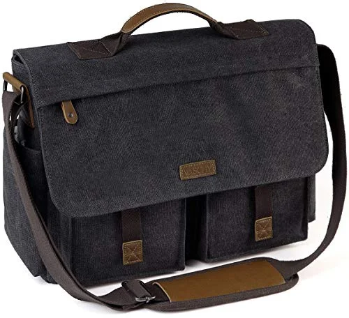 Briefcase with outdoor essentials-Messenger Bag for Men, VASCHY Vintage Water Resistant Waxed Canvas Satchel 15.6 inch Laptop Briefcase Shoulder Bag with Padded Shoulder Strap Gray