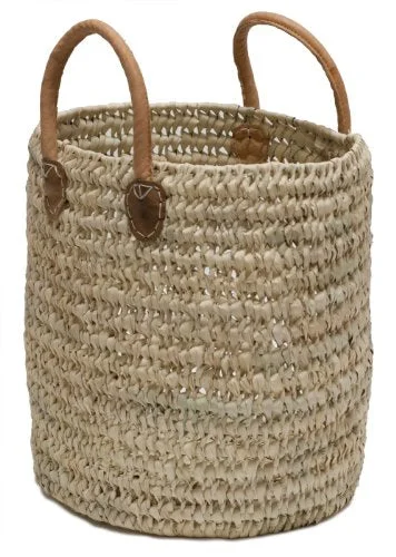 Moroccan Straw Round Tote Bag W/ Leather Handles - 13"Lx15"H - Malaga