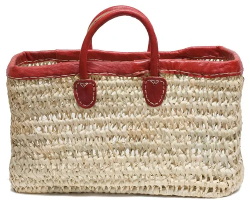 Moroccan Straw Tote Bag W/ Red Leather Trim, 18"Lx8"Wx10"H - Tripoli Red Lg