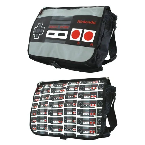 Messenger bag cool designs-Nintendo Allover Reversible Flap Messenger Bag, Grey/Black, One Size