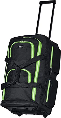 Duffel Bag passport slot-Olympia 8 Pocket Rolling Duffel Bag, Black/Lime, 22 inch