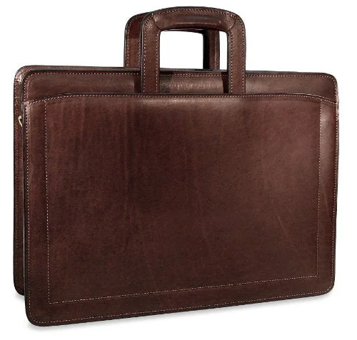 Briefcase with firm bases-[Personalized Initials Embossing]Jack Georges Belting Triple Gusset Top Zip Leather Briefcase in Brown