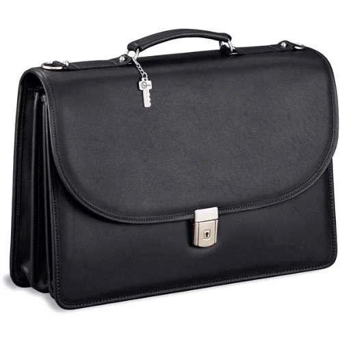 Briefcase with hard clasps-Platinum Triple Gusset Flap Briefcase #8417 (Black)