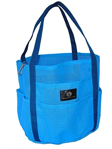 Saltwater Canvas Mesh Dolphin Bag, 7 Pockets, Medium Beach Tote, Gym, Sky Blue