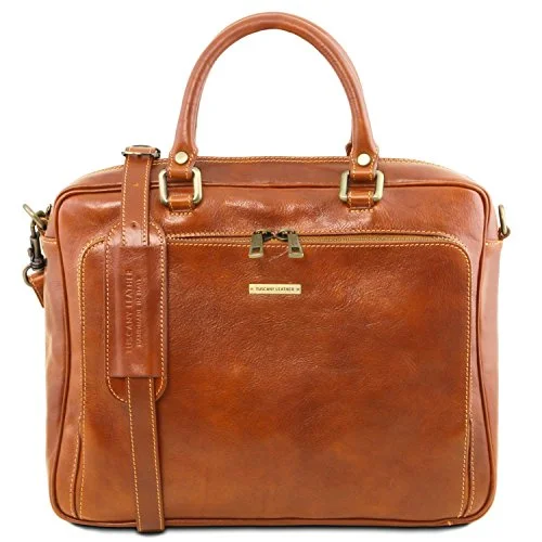 Briefcase with fresh vibes-Tuscany Leather Pisa Leather Laptop Briefcase With Front Pocket Honey Leather Laptop Bags