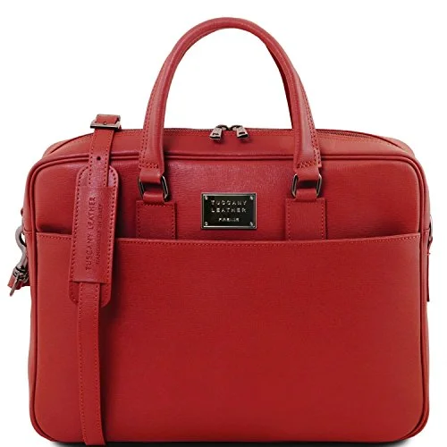 Briefcase with client needs-Tuscany Leather Urbino - Saffiano Leather Laptop Briefcase With Front Pocket - Tl141627 (Red)