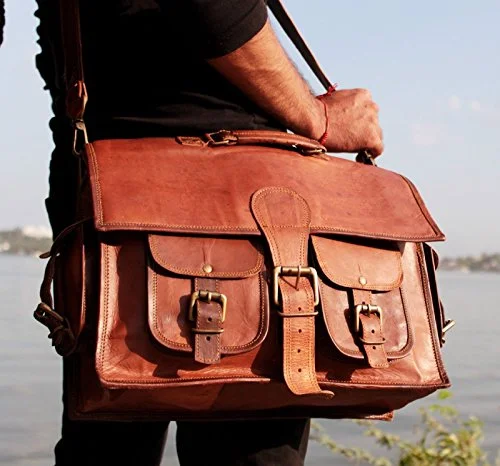 Briefcase with neat flaps-Vintage Crafts Vintage Genuine Leather Laptop Briefcase Messenger Satchel Bag