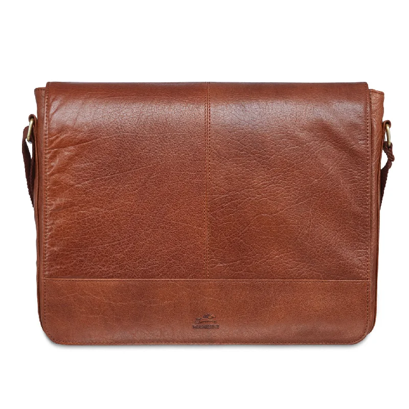 Messenger bag with wide opening-Vegetable Tanned Top Grain Buffalo Leather Messenger Bag for 15" Laptop / Tablet, 15.5" x 3" x 13", Cognac