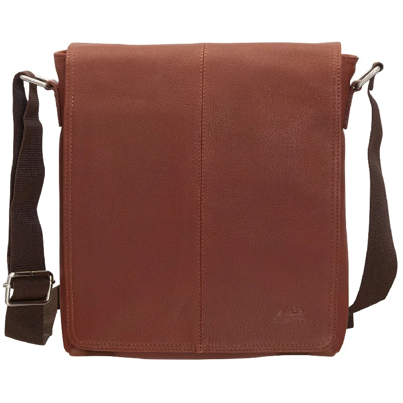 Messenger bag for mini trips-Mancini Leather Messenger Style Unisex Bag for Tablet/ E-reader, 10.25" x 3" x 12", Cognac