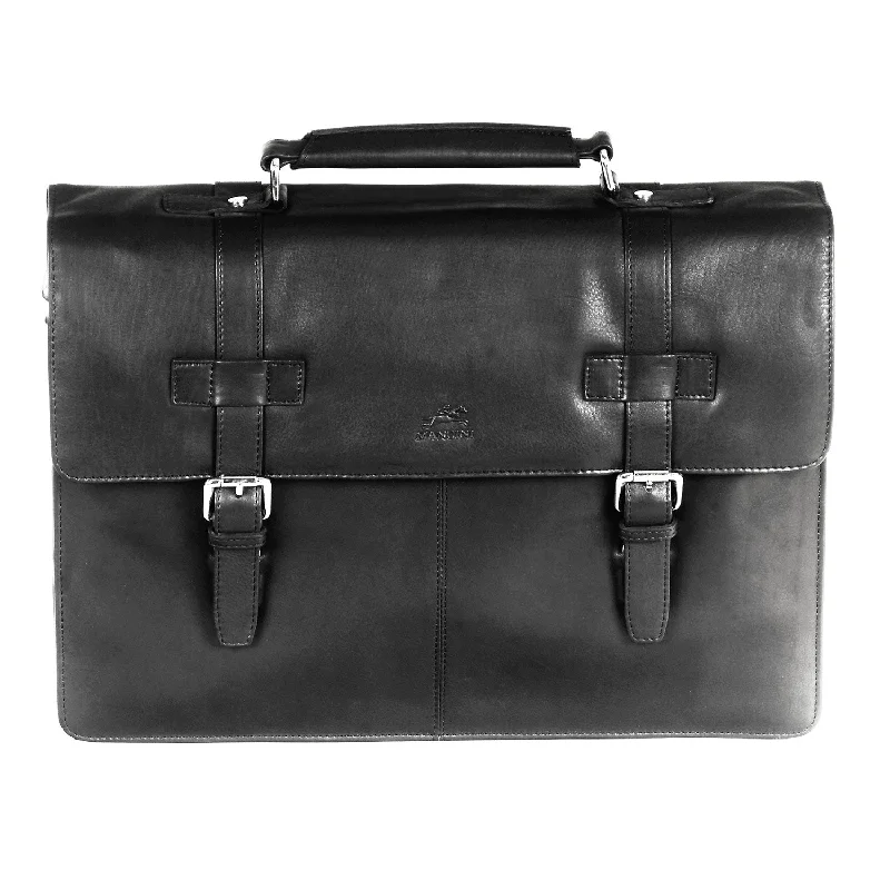 Briefcase with tiny compartments-Mancini Leather Double Compartment Flap Briefcase for 15.6" Laptop / Tablet, 16" x 4" x 12", Black