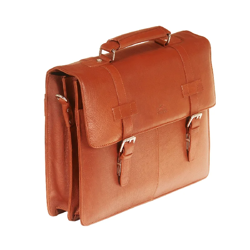 Briefcase with vibrant hues-Mancini Leather Double Compartment Flap Briefcase for 15.6" Laptop / Tablet, 16" x 4" x 12", Cognac