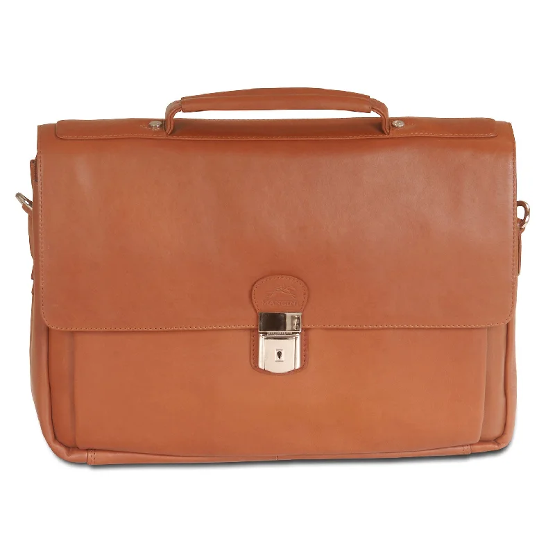 Briefcase with slim profiles-Mancini Leather Triple Compartment Flap Briefcase for 15" Laptop / Tablet, 15" x 4.25" x 10.25", Cognac