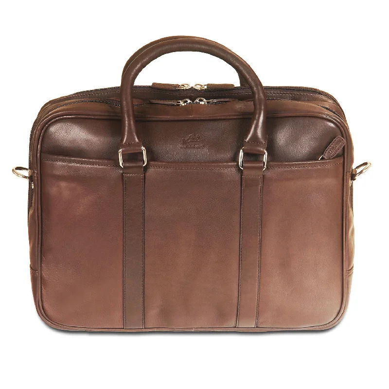 Briefcase with reinforced seams-Mancini Leather Double Compartment Zippered Briefcase for 15.6" Laptop / Tablet, 15.5" x 4.25" x 11.25", Brown