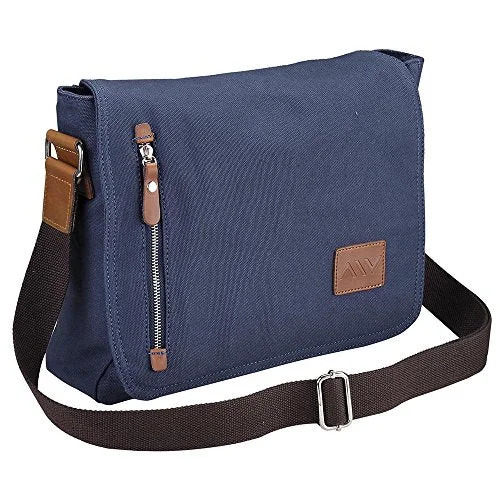 Messenger bag with firm leather-Aw 14" Vintage Canvas Cross Body Schoolbag Satchel Shoulder Messenger Bag Bookbag Men Women Student