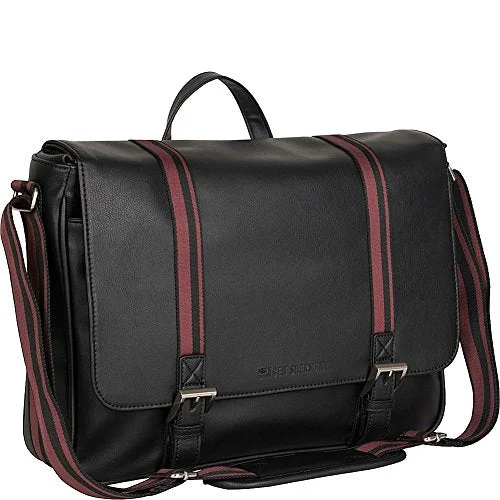 Messenger bag with bonus storage-Ben Sherman Faux Leather Single Gusset Flapover 15” Computer Laptop Messenger Bag, Black, One Size