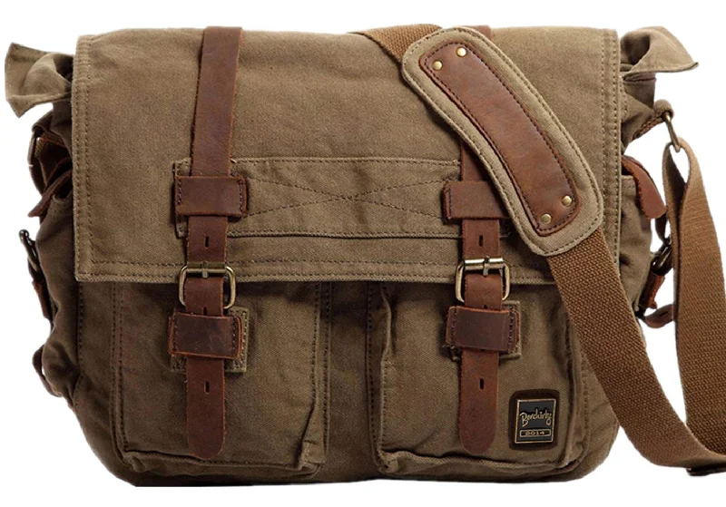 Messenger bag with hidden storage-Berchirly Vintage Military Men Canvas Messenger Bag for 17.3Inch Laptop