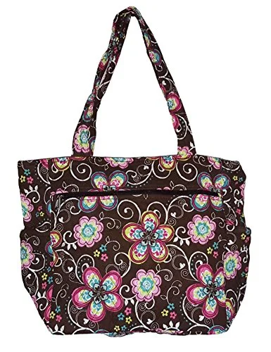 Bohemian Print Quilted Multipurpose Market Beach Large Tote Bag (Flower - Brown)