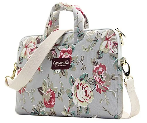 Messenger bag with wide straps-Canvaslove Grey Rose Pattern 15 Inch Canvas Waterproof Laptop Shoulder Messenger Bag For 14 Inch