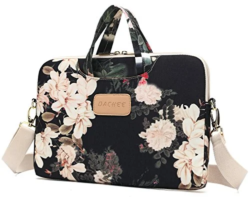 Messenger bag stylish designs-Dachee Black Peony Patten Waterproof Laptop Shoulder Messenger Bag Case Sleeve For 14 Inch 15