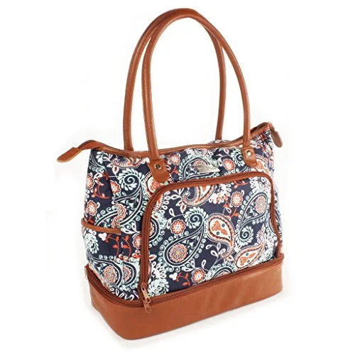 Fit & Fresh Voyager Commuter Bag, Carry On Travel Tote, Zippered Shoulder Bag (Navy Orange Paisley)