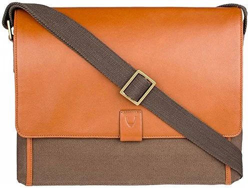 Messenger bag rugged leather-Hidesign Aiden Canvas And Leather Business Laptop Messenger Cross Body Bag, Desert Palm