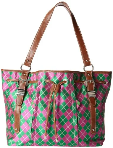 Sydney Love Argyle Drawstring Tote Shoulder Bag,Pink/Green,One Size