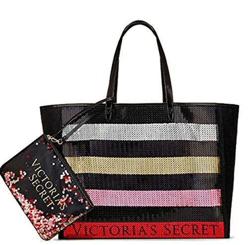 Victoria'S Secret Bling Stripe Sequin Carryall Tote W Mini Bag Set Black/Red