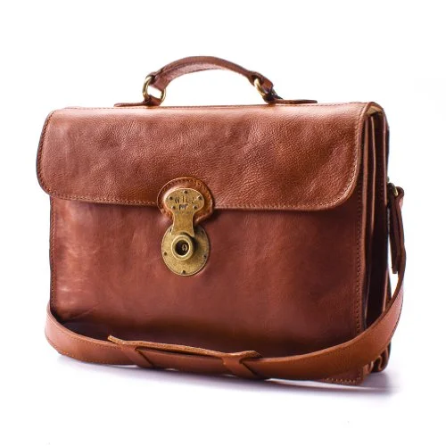 Briefcase with wave textures-Will Leather Jacques Leather Portfolio Briefcase - Cognac Brown